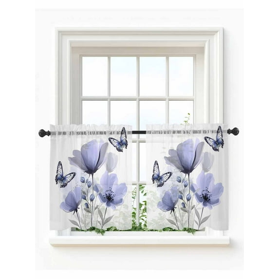 Spring Flowers Tier Curtains 24 Inch Length,Sheer Curtains for Bedroom Living Room,Pastoral Purple Butterfly Floral Plants Rod Pocket Voile Drapes Kitchen Curtains for Small Window 27.5"x24" 2 Panels