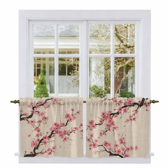 Spring Flowers Tier Curtains 36 Inch Length, Country Pink Peach Blossoms Botanical Floral Cafe Short Curtains for Bathroom Over Sink, Small Kitchen Curtain Light Filtering Drapes 2 Panels 27.5"Wx36"L