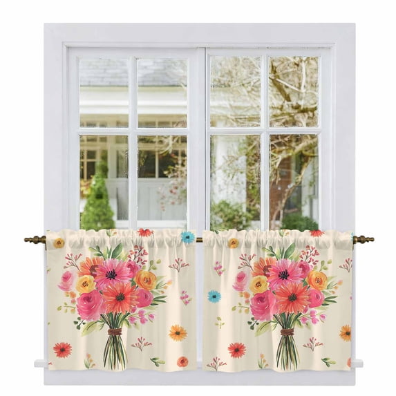 Spring Flowers Tier Curtains 36 Inch Length, Pastoral Daisy Leaves Country Botanical Beige Cafe Short Curtains for Bathroom Sink, Small Kitchen Curtain Light Filtering Drapes 2 Panels 27.5"Wx36"L