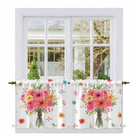 Spring Flowers Tier Curtains 36 Inch Length, Pastoral Daisy Leaves Rustic Botanical Cafe Short Curtains for Bathroom Over Sink, Small Kitchen Curtain Light Filtering Drapes 2 Panels 27.5"Wx36"L