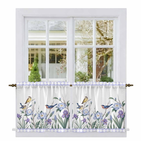 Spring Flowers Tier Curtains 36 Inch Length, Vintage Blue Floral Leaves Birds Rustic Plants Cafe Short Curtains for Bathroom Sink, Small Kitchen Curtain Light Filtering Drapes 2 Panels 27.5"Wx36"L
