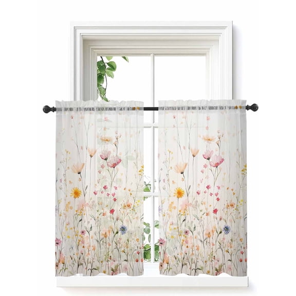 Spring Flowers Tier Curtains 45 Inch Length,Sheer Curtains for Bedroom Living Room,Watercolor Wildflowers Farmhouse Floral Rod Pocket Voile Drapes Kitchen Curtains for Small Window 27.5"x45" 2 Panels