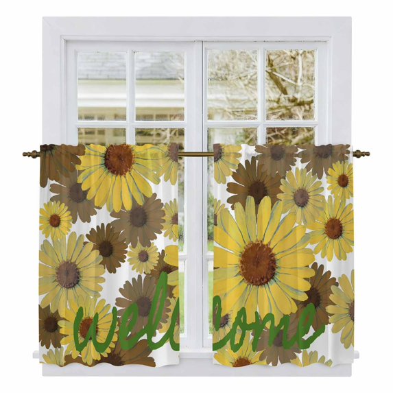 Spring Flowers Tier Curtains 54 Inch Length, Farmhouse Botanical Brown Yellow Daisy Cafe Short Curtains for Bathroom Over Sink, Small Kitchen Curtain Light Filtering Drapes 2 Panels 27.5"Wx54"L