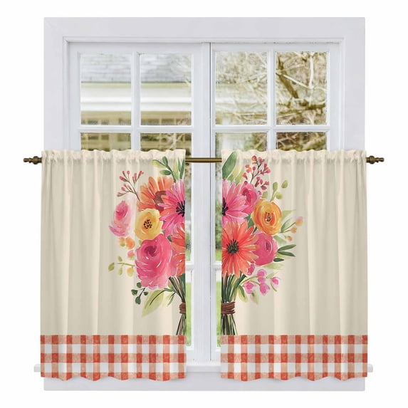 Spring Flowers Tier Curtains 54 Inch Length, Vintage Pastoral Floral Leaves Farm Checkered Cafe Short Curtains for Bathroom Sink, Small Kitchen Curtain Light Filtering Drapes 2 Panels 27.5"Wx54"L