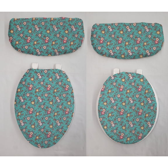 Spring Flowers Toilet Seat Lid and Tank Cover Set by Penny's Needful Things (Teal)