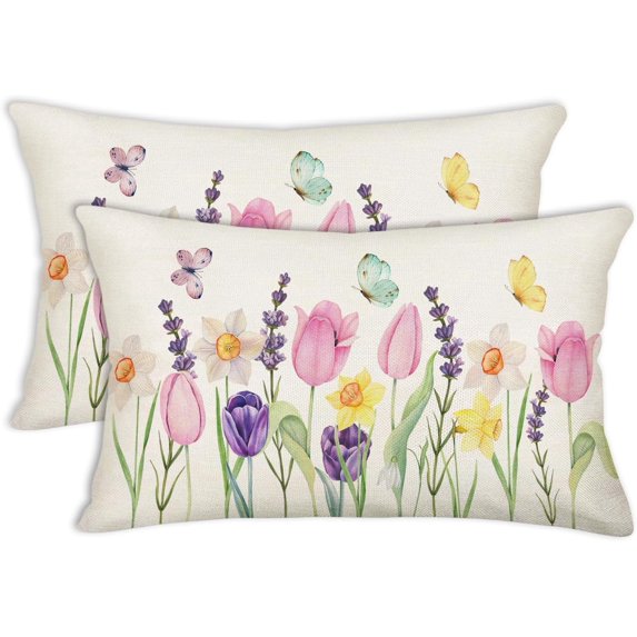 Spring Flowers Tulip Lavender Eucalyptus Butterfly Throw Lumbar Pillow Covers Set of 2, 12 x 20 Inch Spring Decorations Rustic Floral Farmhouse Summer Seasonal Cushion Case for Sofa Couch