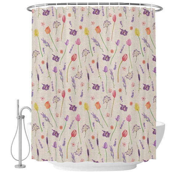 Spring Flowers Tulip Lavender Fabric Shower Curtain Floral Plants Washable Shower Curtains for Bathroom, Waterproof Bath Curtain with Hooks Home Decor 72x84in