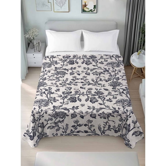 Spring Flowers Twim Size Flat Sheet, Wrinkleproof & Fadeproof Cooling Flat Bed Sheet Only, Farmhouse Dark Blue Pastoral Floral Leaf Breathable Soft Bedding Top Sheets 66 x 96 Inches