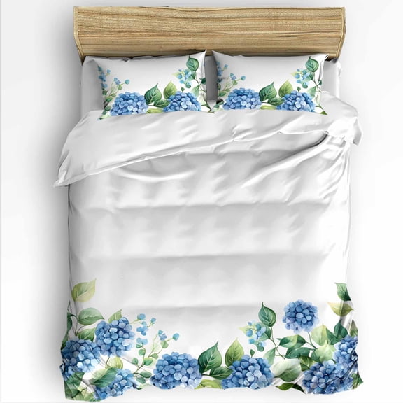 Spring Flowers Twin Size Comforter Set, Blue Hydrangea Watercolor Leaf Soft Bedding for All Seasons, 4 Pcs Bed Set with 1 Comforter (68"x86") ,1Sheet(66"x116"), 2 Pillowcases (19"x29")