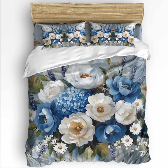 Spring Flowers Twin Size Comforter Set, Hydrangea Camellia Oil Painting Soft Bedding for All Seasons, 4 Pcs Bed Set with 1 Comforter (68"x86") ,1Sheet(66"x116"), 2 Pillowcases (19"x29")