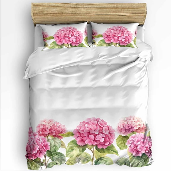 Spring Flowers Twin Size Comforter Set, Pink Hydrangea Watercolor Leaf Soft Bedding for All Seasons, 4 Pcs Bed Set with 1 Comforter (68"x86") ,1Sheet(66"x116"), 2 Pillowcases (19"x29")