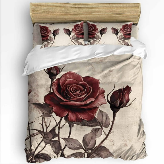 Spring Flowers Twin Size Comforter Set, Retro Rose Bud Elegant Floral Soft Bedding for All Seasons, 4 Pcs Bed Set with 1 Comforter (68"x86") ,1Sheet(66"x116"), 2 Pillowcases (19"x29")