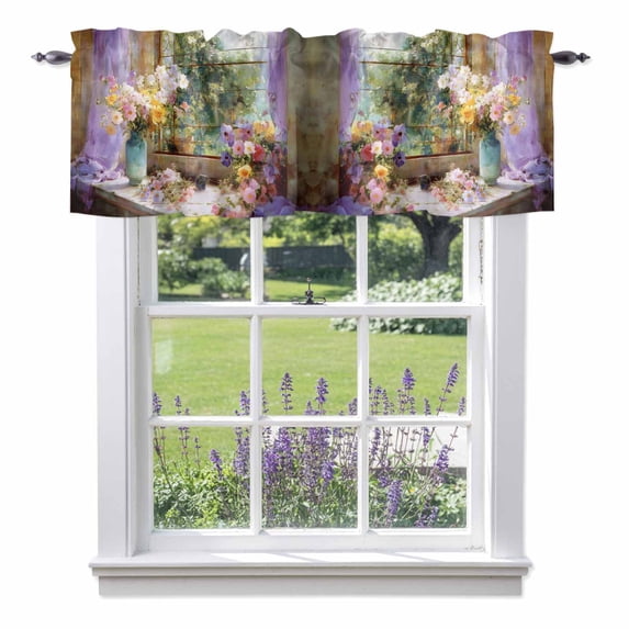 Spring Flowers Valance Curtain Oil Painting Colored Floral Window Scene Window Valances Rod Pocket Short Curtains Window Treatments for Kitchen Bedroom Bathroom Laundry 60" x 14"