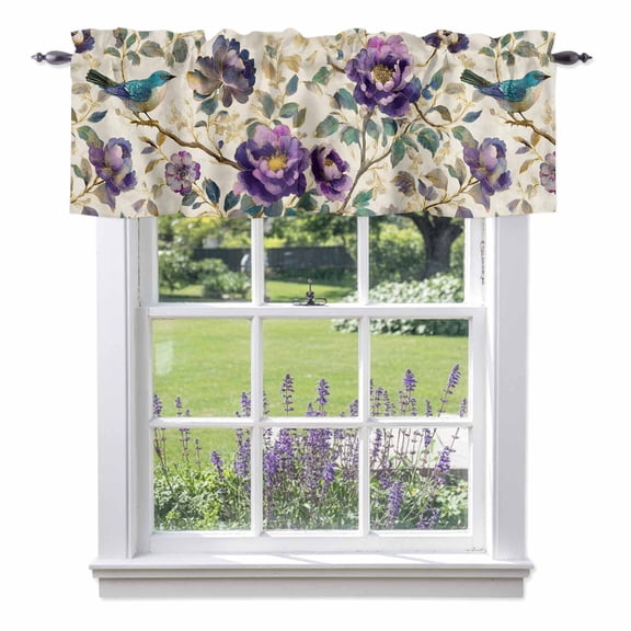 Spring Flowers Valance Curtain Vintage Gorgeous Purple Flower Bird Waterproof Leaf Window Valances Rod Pocket Short Curtains Window Treatments for Kitchen Bedroom Bathroom Laundry 60" x 14"