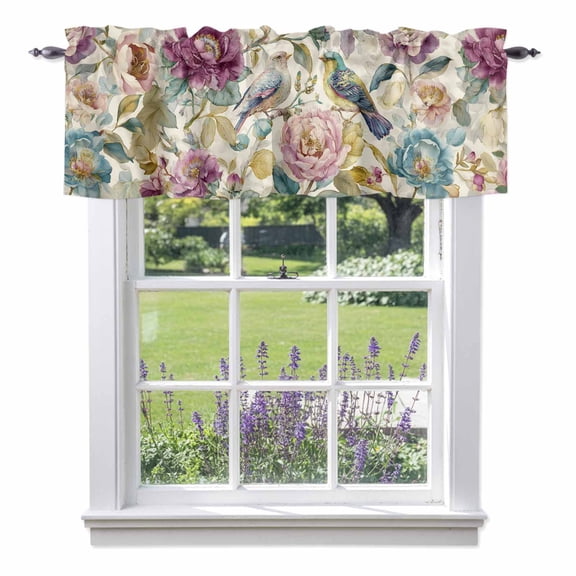 Spring Flowers Valance Curtain for Windows Vintage Pink Purple Flower Bird Waterproof Leaf Rod Pocket Curtain Valances Short Window Treatments for Kitchen Bathroom Laundry Basement 42 x 12 Inch