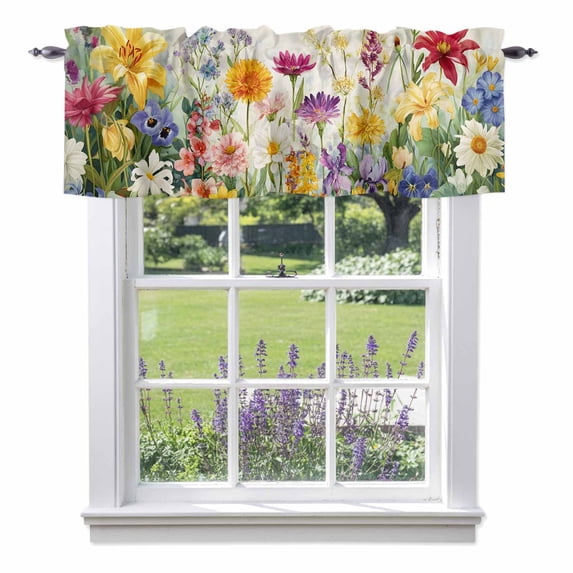 Spring Flowers Valance Curtain for Windows Watercolor Yellow White Purple Pink Floral Leaf Beige Rod Pocket Curtain Valances Short Window Treatments for Kitchen Bathroom Laundry Basement 56 x 16 Inch