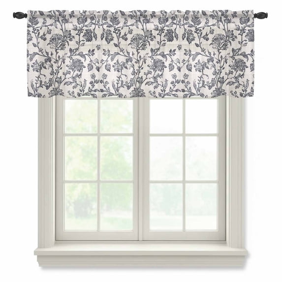 Spring Flowers Valance Curtains for Kitchen/Living Room/Bathroom/Bedroom Window, Rod Pocket Small Topper Half Short Window Curtains Voile Sheer Scarf, Farmhouse Dark Blue Pastoral Floral Leaf 60"x18"