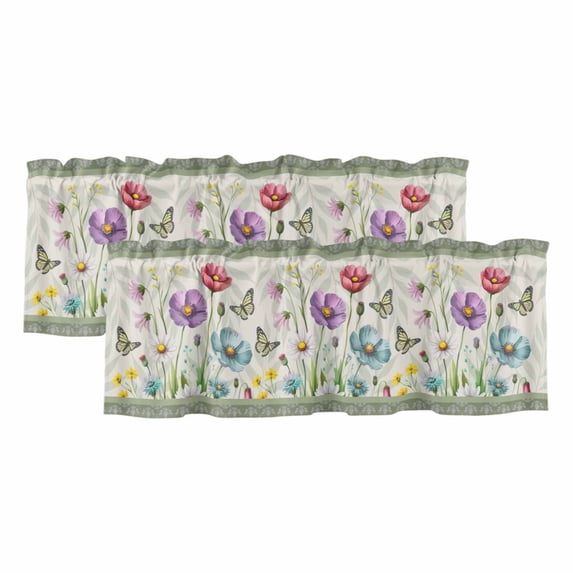 Spring Flowers Valances for Windows, Decorative Rod Pocket Window Valance Curtains, Retro Boho Botanical Florals Butterfly Short Curtain Drapes for Kitchen/Living Room, 2 Panels, 42" W x 12" L