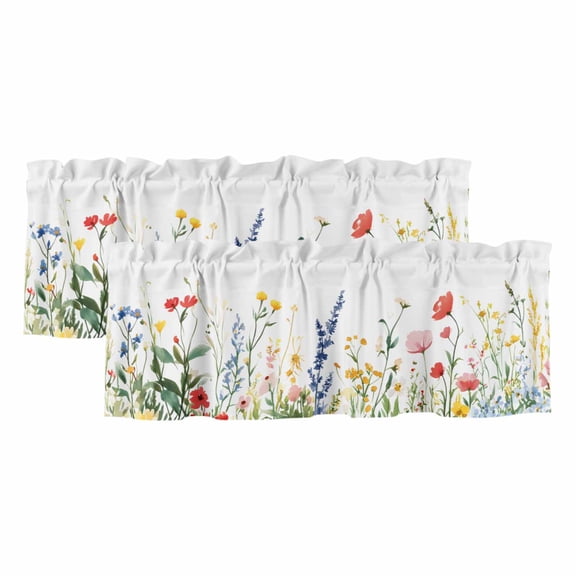 Spring Flowers Valances for Windows, Decorative Rod Pocket Window Valance Curtains, Simple Botanical Wildflowers Herbs Short Curtain Drapes for Kitchen/Bathroom/Living Room, 2 Panels, 42" W x 12" L