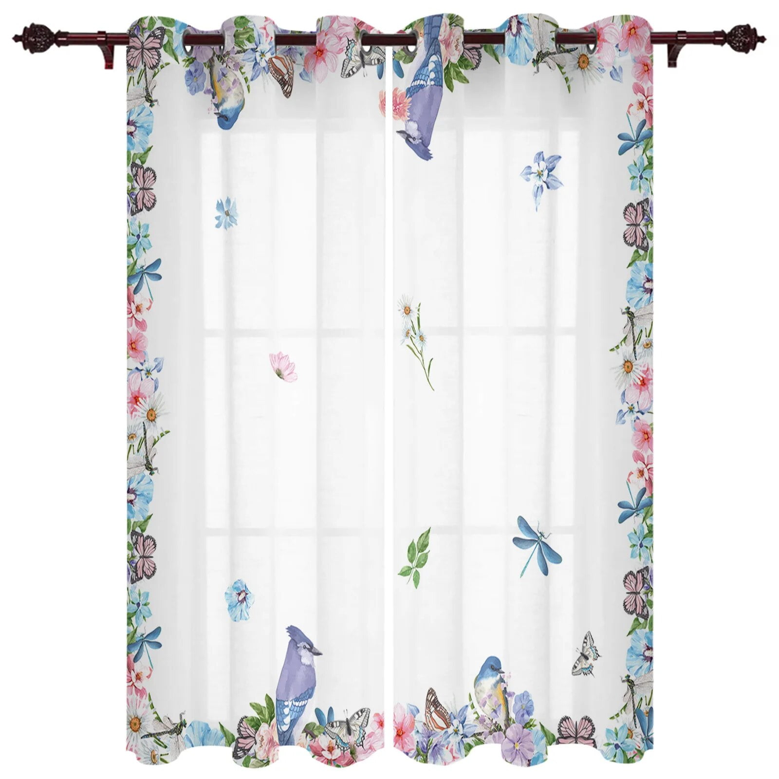 Spring Flowers Watercolor Butterfly Bird Window Curtain Living Room ...