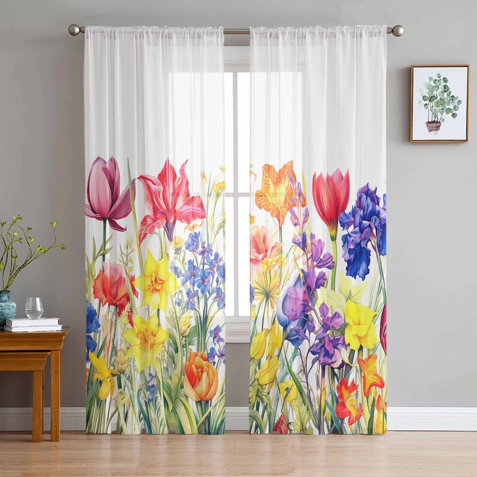 Spring Flowers Watercolor Tulle Curtains for Living Room Bedroom Modern ...