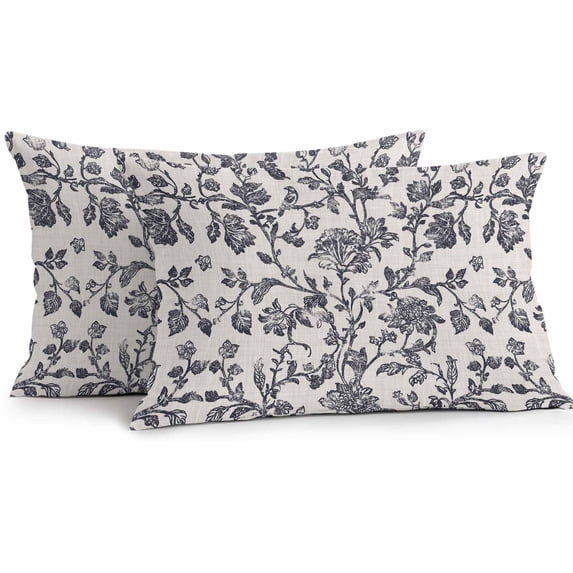 Spring Flowers Waterproof Outdoor Throw Pillow Covers 12''x20'' Pack 2, Pillow Cases Throw Cushion Cover with Zipper, Farmhouse Dark Blue Pastoral Floral Leaf Washable Pillowcase for Poolside Sofa