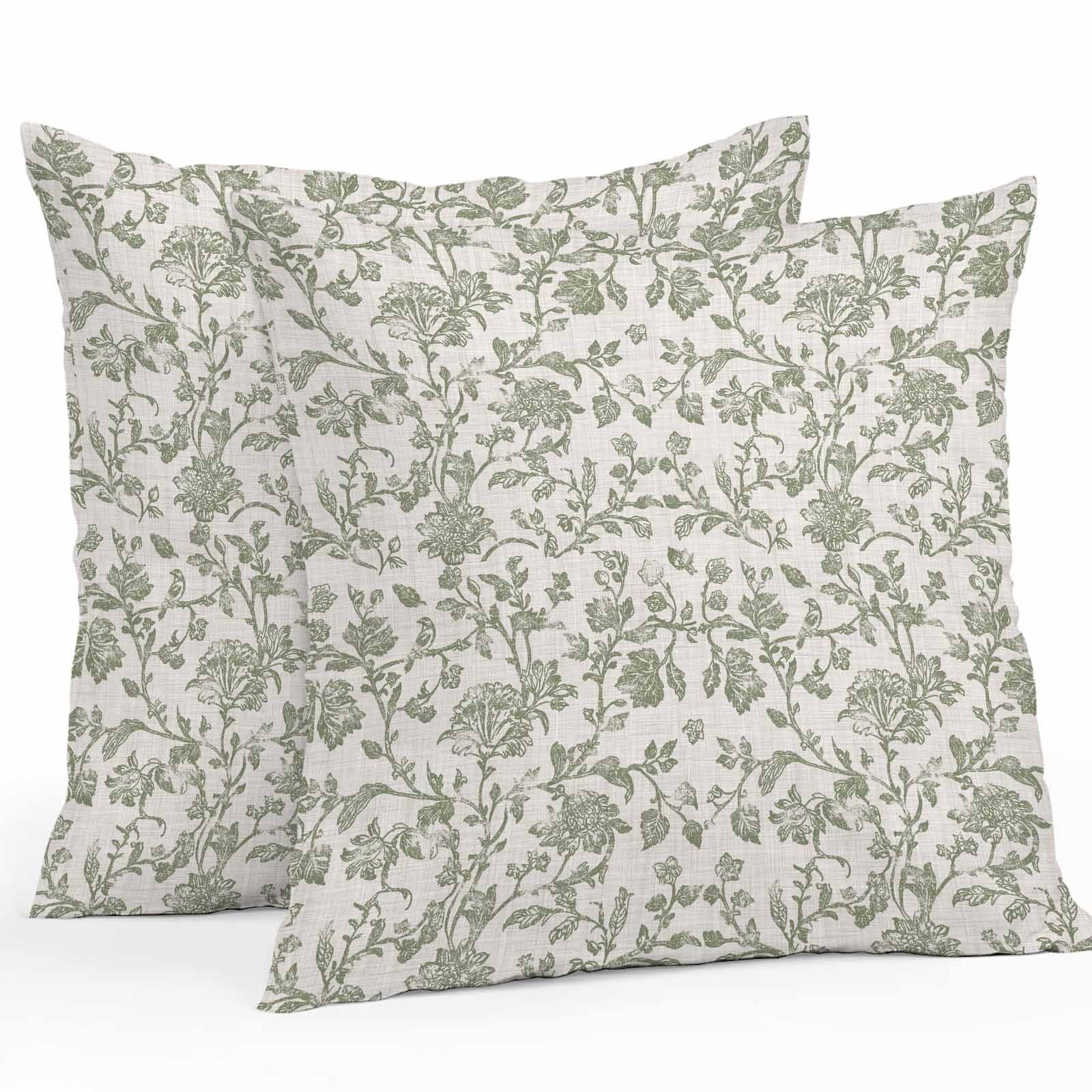Spring Flowers Waterproof Outdoor Throw Pillow Covers 16''x16'' Pack 2, Pillow Cases Throw Cushion Cover with Zipper, Farmhouse Sage Green Pastoral Floral Leaf Washable Pillowcase for Poolside Sofa