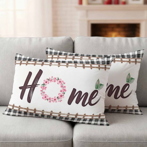 Spring Flowers Waterproof Outdoor Throw Pillow Covers 20"x12" Pack 2, Pillow Cases Throw Cushion Cover with Zipper, Watercolor Floral Leaf Black Plaid Washable Pillowcase for Poolside Sofa