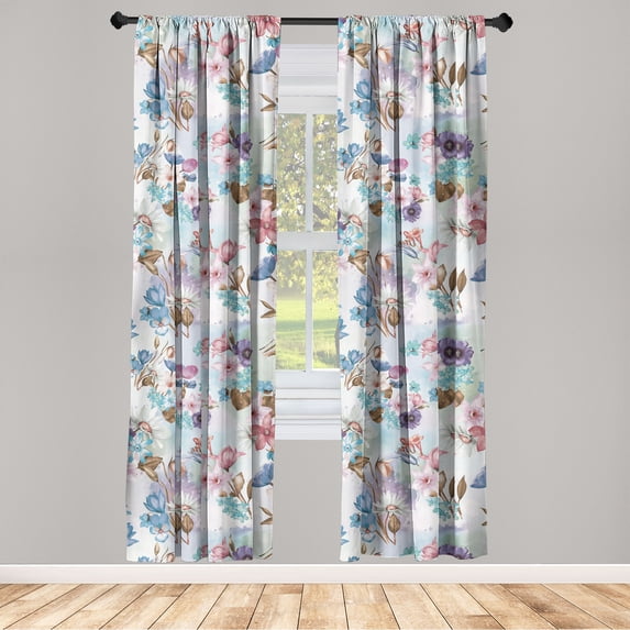 Spring Flowers Window Curtains, Dreamy Illustration of Garden Blooms Pattern on Aquarelle Back, Lightweight Decor 2-Panel Set with Rod Pocket, Pair of - 28"x84", Quartz Blush Sea Blue, by Ambesonne