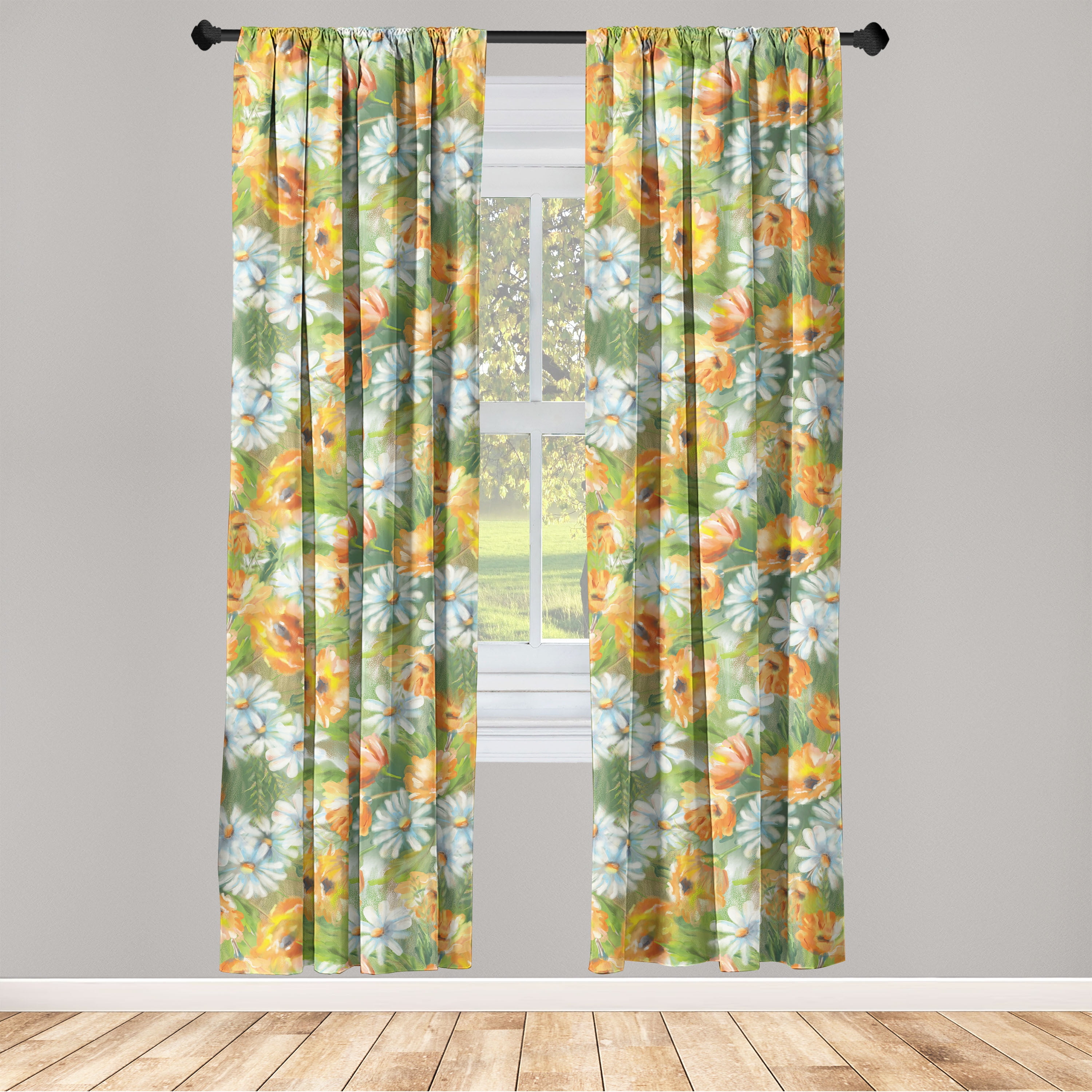 Spring Flowers Window Curtains, Sunny Floral Scene with Watercolor