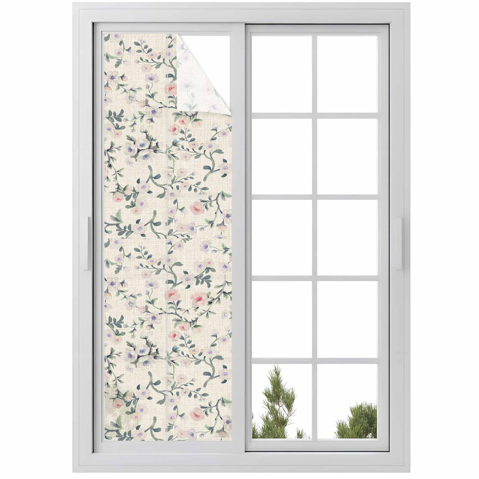 Spring Flowers Window Privacy Film,Blue Pink Floral Leaves Farmhouse ...