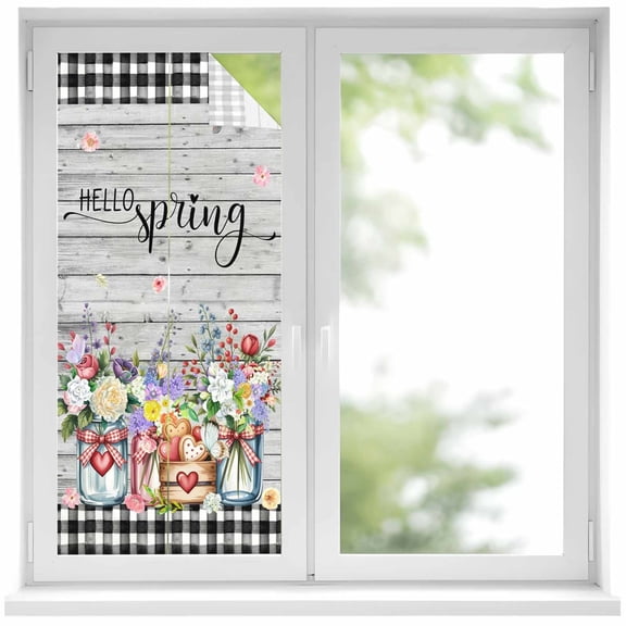 Spring Flowers Window Privacy Film, Farmhouse Black Plaid Wood Grain Static Cling UV Sun Blocking Heat Control Window Tint Day and Night, Non-Adhesive One Way Windows Privacy Cover 19.6''x39.3''