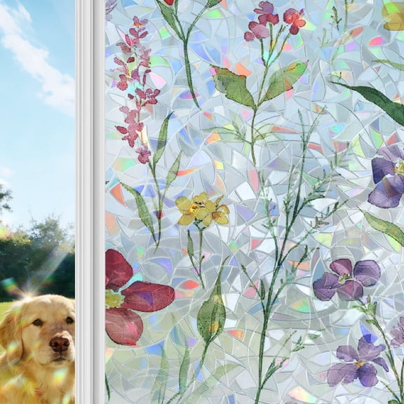 Spring Flowers Window Privacy Film Stain Glass,Reusable Decorative Rainbow Window Film,Pastoral Botanical Blossom Floral Static Cling Sun Blocking Stickers Decals Covers 17.7" x 39.3" (2pcs)