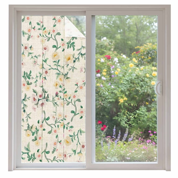 Spring Flowers Window Privacy Film,Yellow Pink Floral Leaves Vintage Country Plants Static Cling UV Sun Blocking Window Tint Day and Night,Non-Adhesive One Way Privacy Cover 35.4''x78.7''