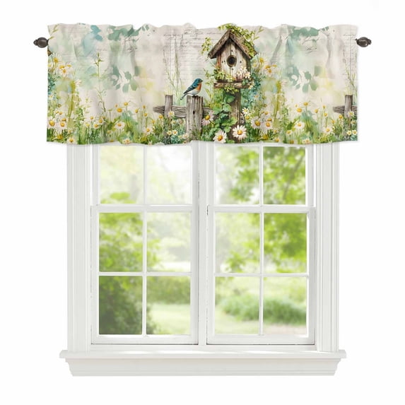 Spring Flowers Window Valance for Kitchen, Country Bird House Fence White Daisy Leaf Beige Rod Pocket Short Curtain for Small Windows, Light Filtering Decorative Valance, 42 x 18 Inch