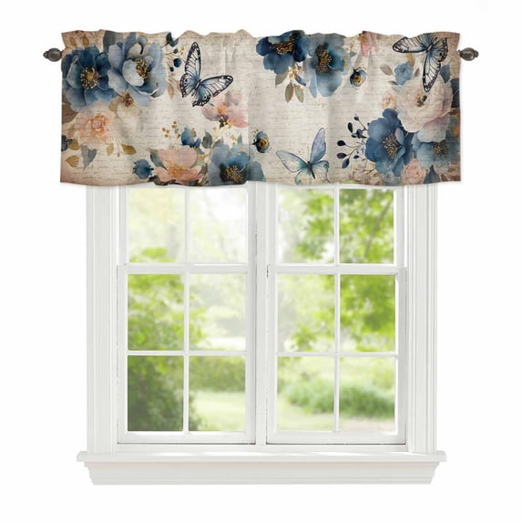 Spring Flowers Window Valance for Kitchen, Country Watercolor White Blue Floral Butterfly Vintage Paper Rod Pocket Short Curtain for Small Windows, Light Filtering Decorative Valance, 54 x 18 Inch