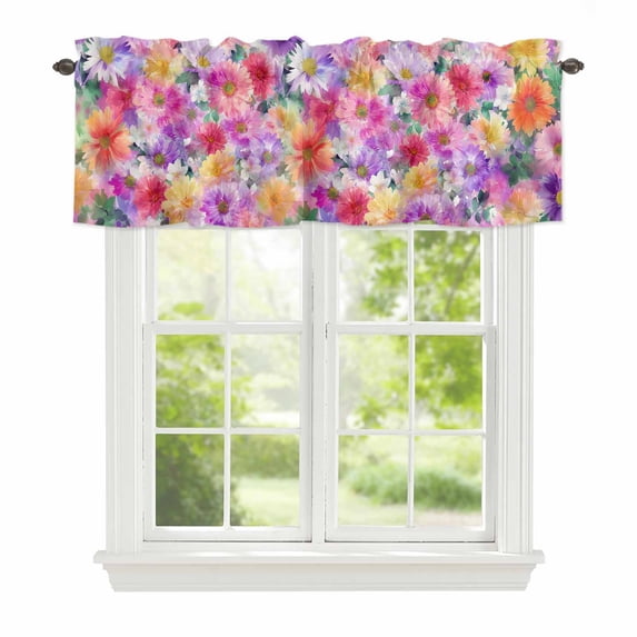 Spring Flowers Window Valance for Kitchen, Fantasy Watercolor Gradient Pink Purple Yellow Floral Leaf Rod Pocket Short Curtain for Small Windows, Light Filtering Decorative Valance, 42 x 18 Inch