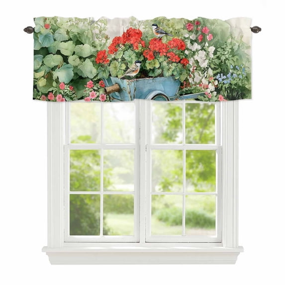 Spring Flowers Window Valance for Kitchen, Vintage Blue Stroller Birds Red Floral Leaf Grass Rod Pocket Short Curtain for Small Windows, Light Filtering Decorative Valance, 60 x 14 Inch