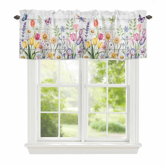 Spring Flowers Window Valance for Kitchen, Watercolor Colorful Floral Leaf Butterfly Dragonfly Wood Grain Rod Pocket Short Curtain for Small Windows, Light Filtering Decorative Valance, 54 x 18 Inch