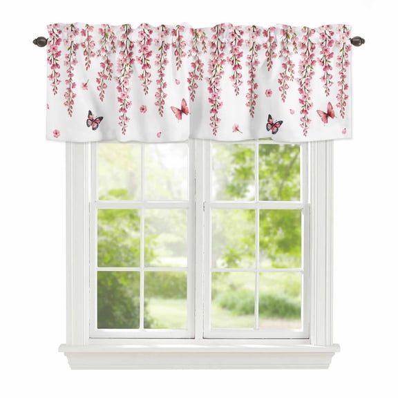 Spring Flowers Window Valance for Kitchen, Watercolor Gradient Falling Pink Floral Butterfly Rod Pocket Short Curtain for Small Windows, Light Filtering Decorative Valance, 42 x 18 Inch