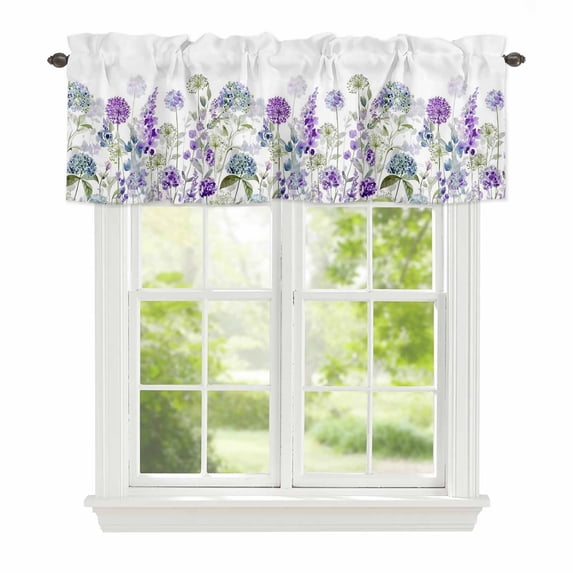 Spring Flowers Window Valance for Kitchen, Watercolor Gradient Purple Dandelion Lavender Floral Leaf Rod Pocket Short Curtain for Small Windows, Light Filtering Decorative Valance, 54 x 18 Inch