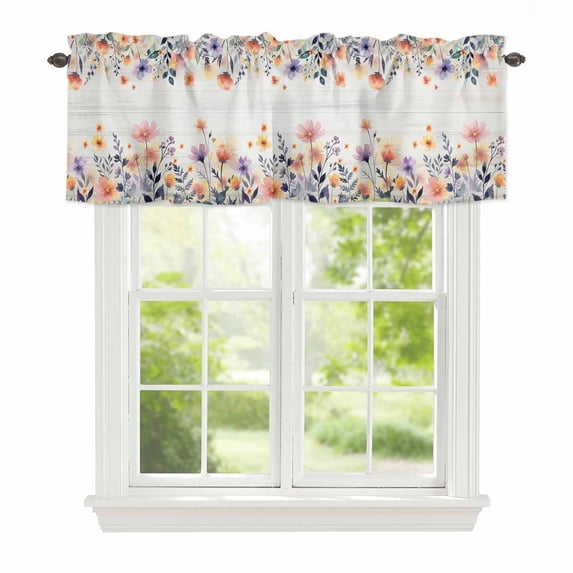 Spring Flowers Window Valance for Kitchen, Watercolors Pink Purple Flower Vintage Wood Grain Rod Pocket Short Curtain for Small Windows, Light Filtering Decorative Valance, 42 x 12 Inch, 1 Panel