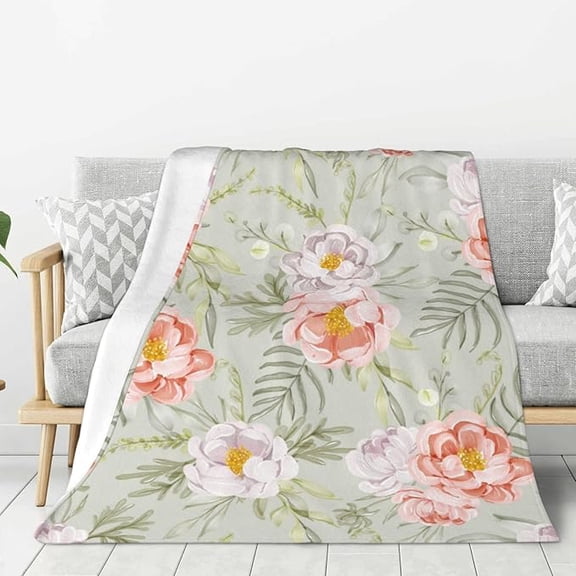 Spring Flowers With Peach Leaves Throw Blankets All Season Ultra Soft Warm Fleece Blanket For Home Bed Sofa Couch Chair Outdoor Travel Camping 40" x 50"