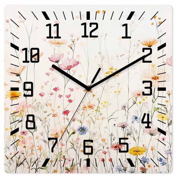 Spring Flowers Wooden Wall Clock Silent Non Ticking, Watercolor Wildflowers Farmhouse Floral Square Wall Clocks Battery Operated, Decor Clock for Home Office, Living Room, Kitchen, 10 Inch