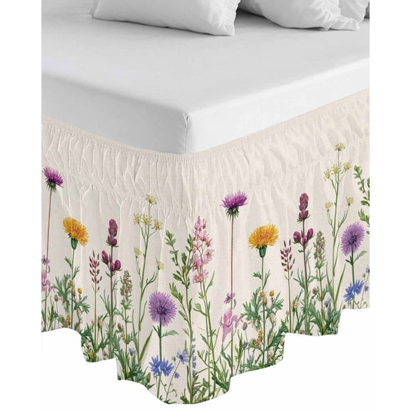 Spring Flowers Wrap Around Bed Skirts for Queen Bed 16" Drop, Bed Skirt with Adjustable Elastic Belt Dust Ruffle Bed Valance for Bedroom Hotel Luxury Wild Floral Herb Botanical Bed Frame Cover