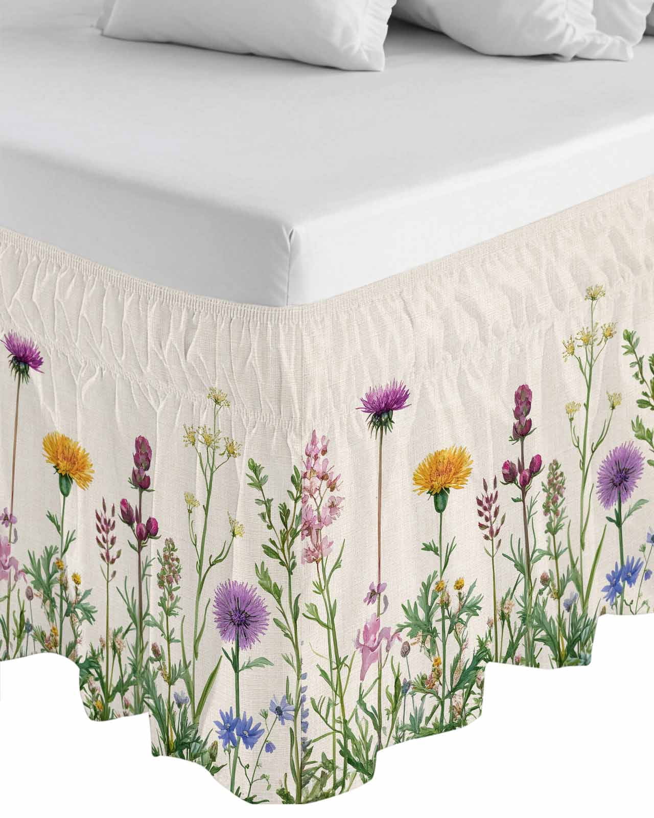 Spring Flowers Wrap Around Bed Skirts for Queen Bed 18" Drop, Bed Skirt with Adjustable Elastic Belt Dust Ruffle Bed Valance for Bedroom Hotel Luxury Wild Floral Herb Botanical Bed Frame Cover