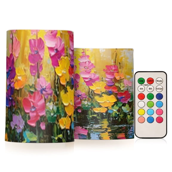 Spring Flowers in Bloom Flickering Flameless Candles Battery Operated with Remote Timer LED Pillar Candles Set of 2