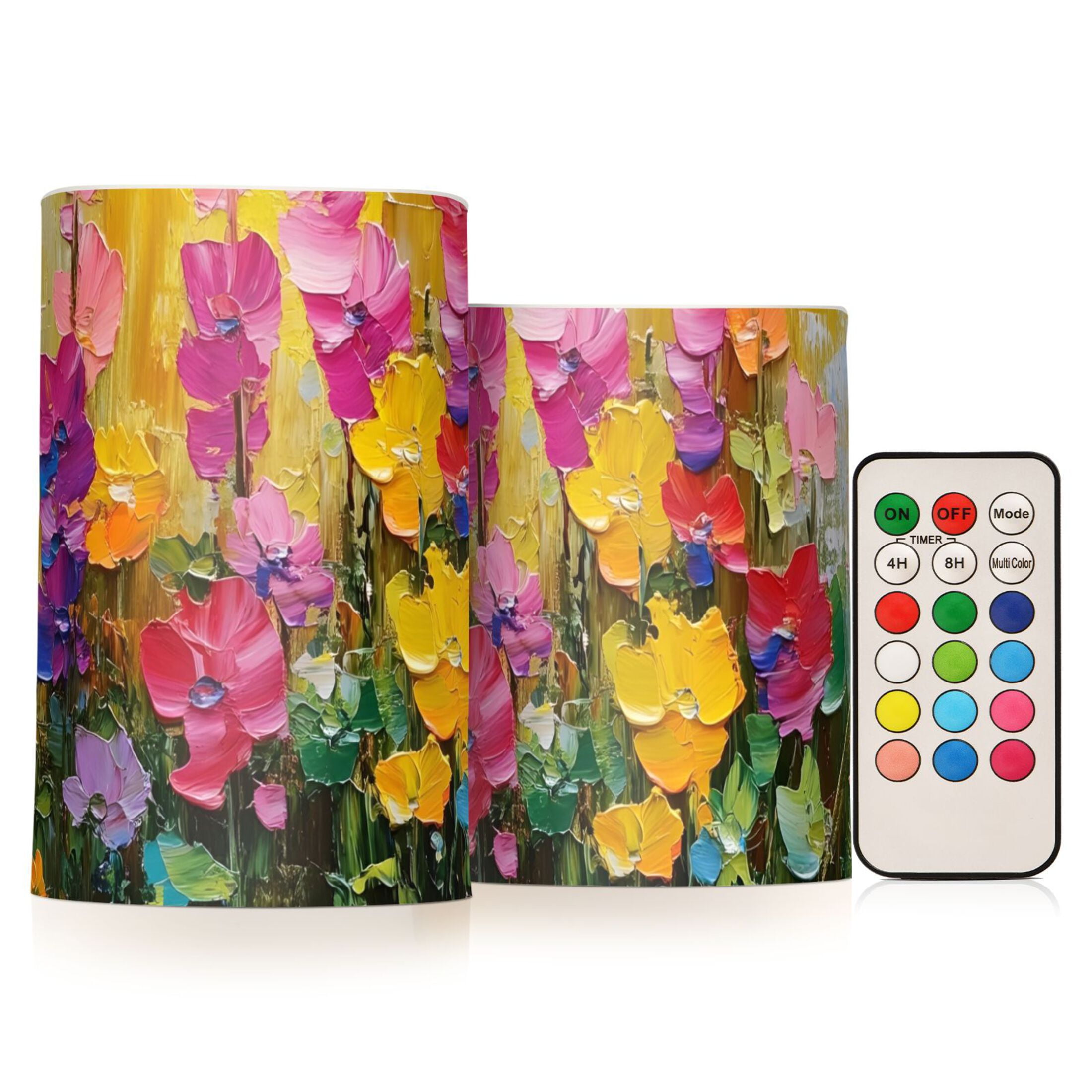 Spring Flowers in Bloom Flickering Flameless Candles Battery Operated with Remote Timer LED Pillar Candles Set of 2