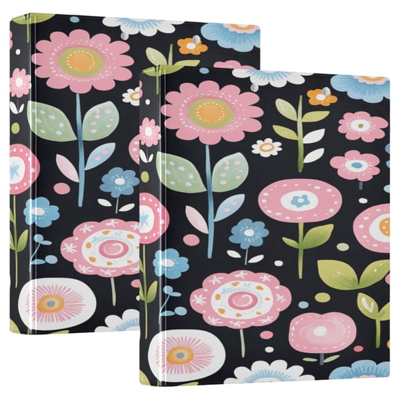 Spring Flowers on Black 12.4x10.6in PVC Round Ring Binder, D-Ring 3-Hole, Metal Clip, 200 Sheets