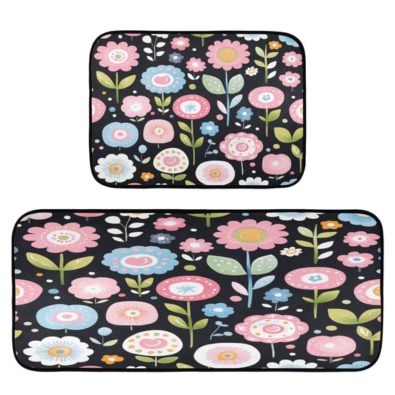 Spring Flowers on Black 2-Piece Kitchen Carpet Mat Set, Non-Slip Memory Foam, Soft for Kitchen and Living Room Use